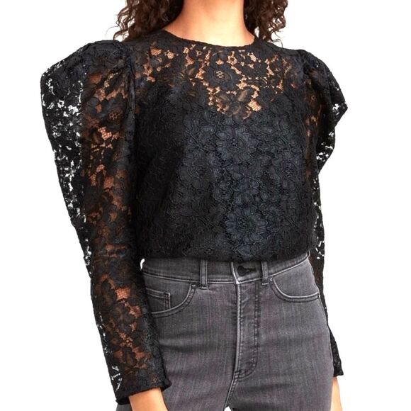 Express Women’s 90’s Black Lace Puff long Sleeve Dark Romantic Top XL Ethereal - Picture 2 of 7